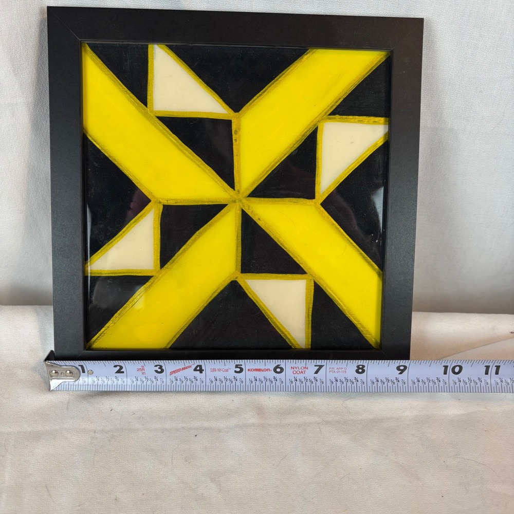 Quilt Design Framed Wall Art Yellow Black Cream Square Decor 9.5in - Picture 2 of 4